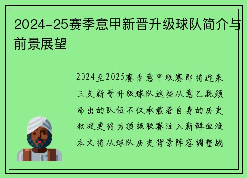 2024-25赛季意甲新晋升级球队简介与前景展望