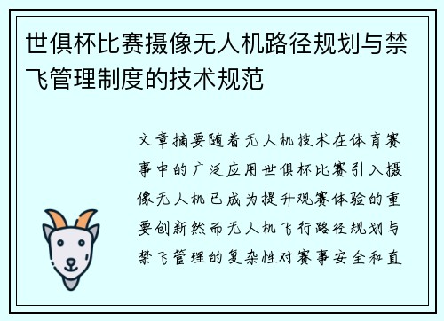 世俱杯比赛摄像无人机路径规划与禁飞管理制度的技术规范